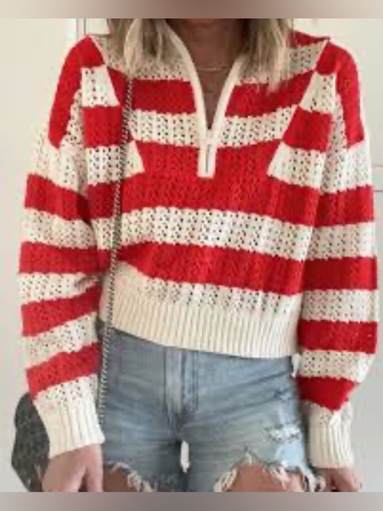 a new day Sweaters - a new day❤️🤍 Half-Zip Knit Sweater🤍❤️